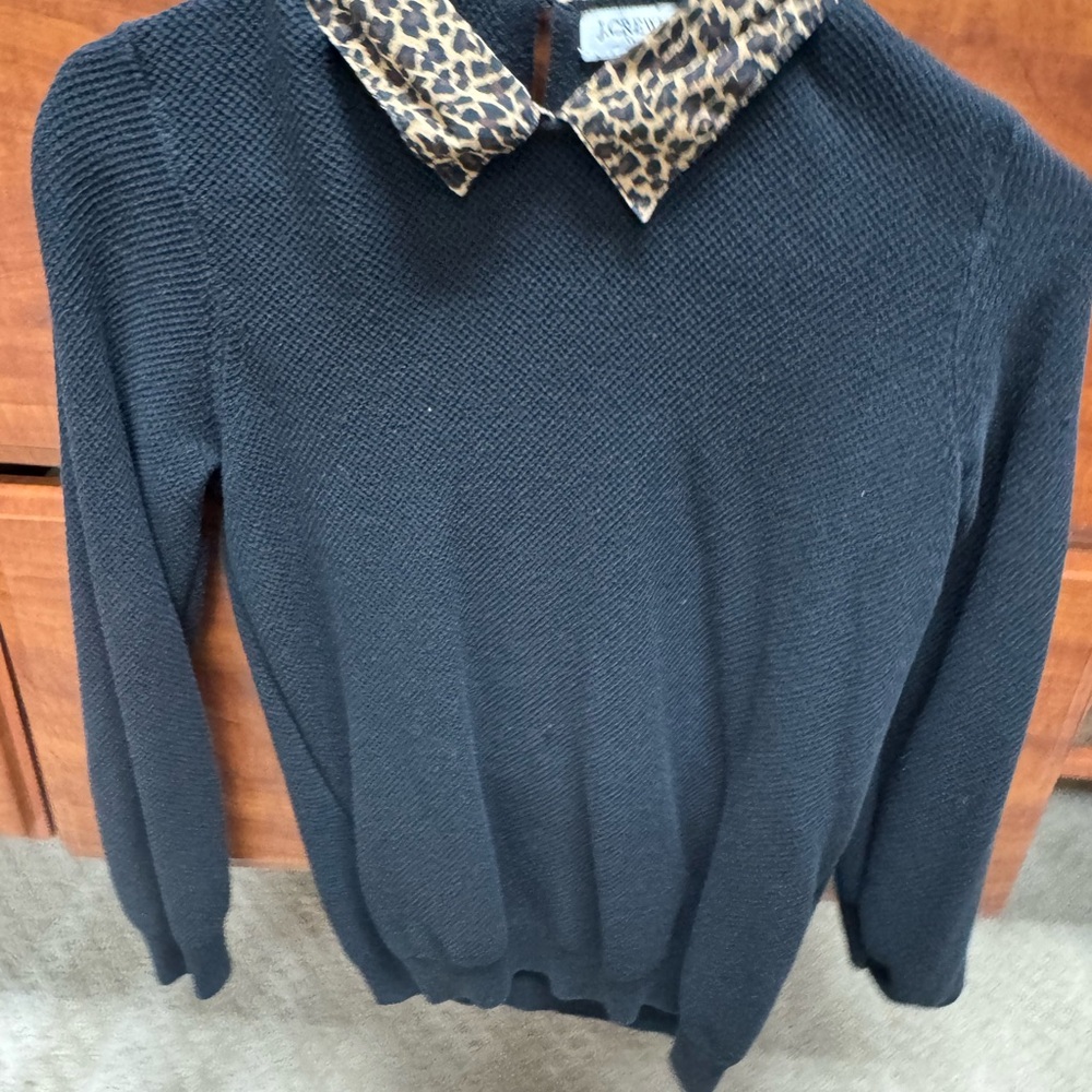 J. Crew Black Sweater with Leopard Print Collar